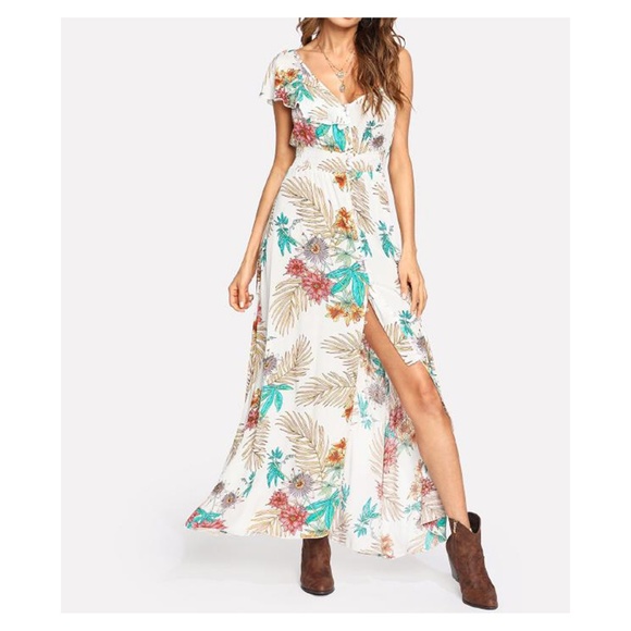 White Tropical Print Maxi Dress Asymmetrical Sleeve Button Down - Picture 3 of 6